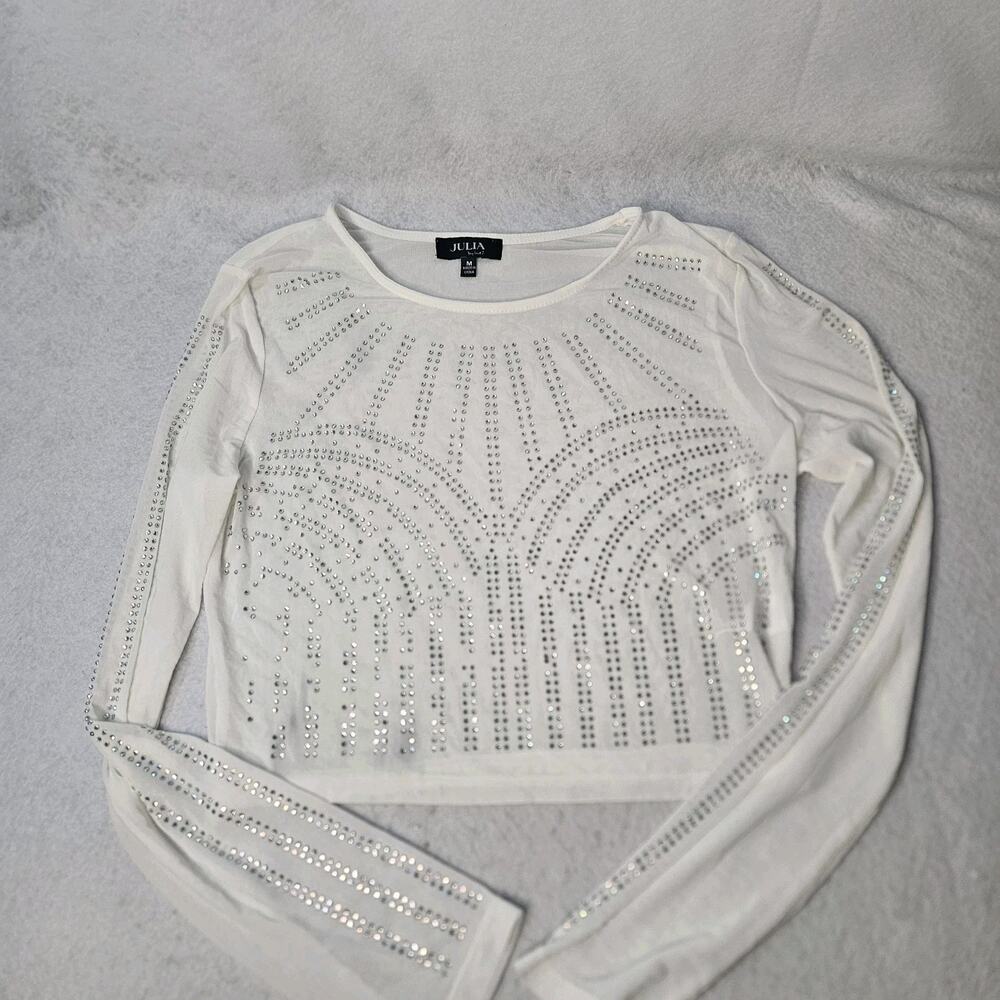 JULIA By LOVE J Sz M White Iridescent Pattern Sheer Long Sleeve Sparkle